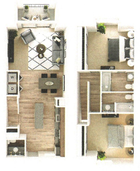 Floor plan for 2 beds, 2.5 baths, 1150 sqft